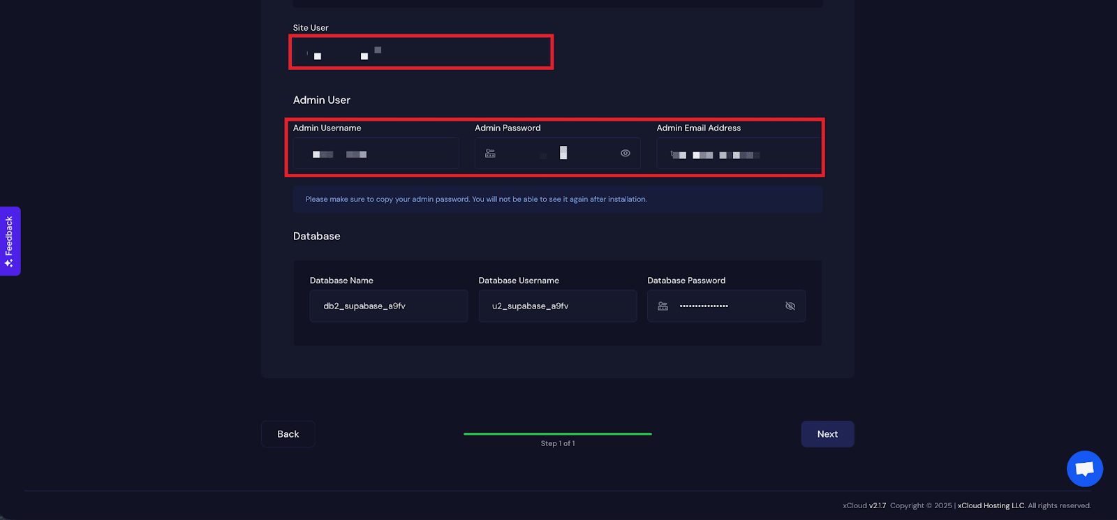 You will get a โSite Userโ of your application. You can also adjust it according to your preferences or leave it as the default. In the next section, you will get โAdmin Usernameโ, โAdmin Passwordโ, and โAdmin Email Addressโ.ย