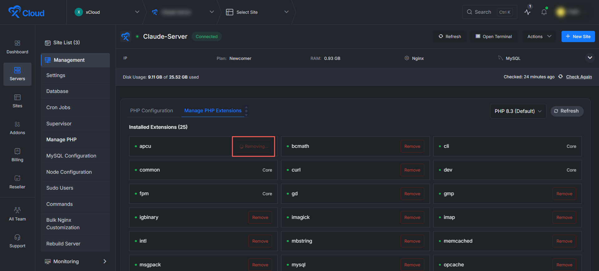 xCloud Manage PHP Extensions The button changes to โRemovingโฆโ while xCloud uninstalls the extension and restarts that PHP service.