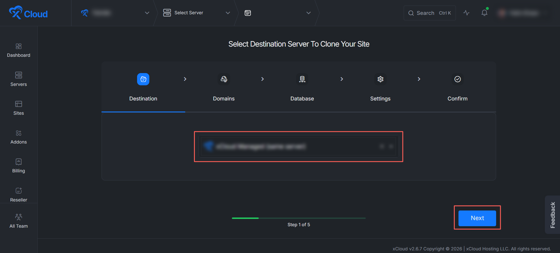 Clone a Laravel app with xCloud โ select destination server