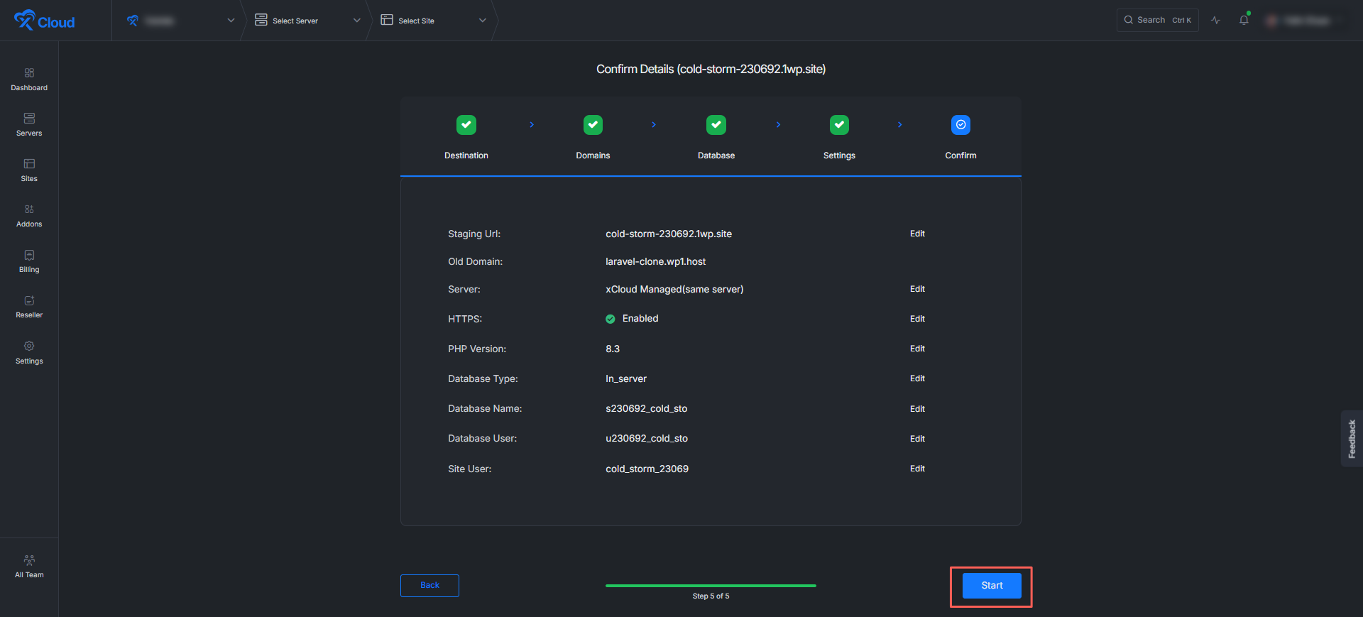 Clone a Laravel app with xCloud โ confirm clone details