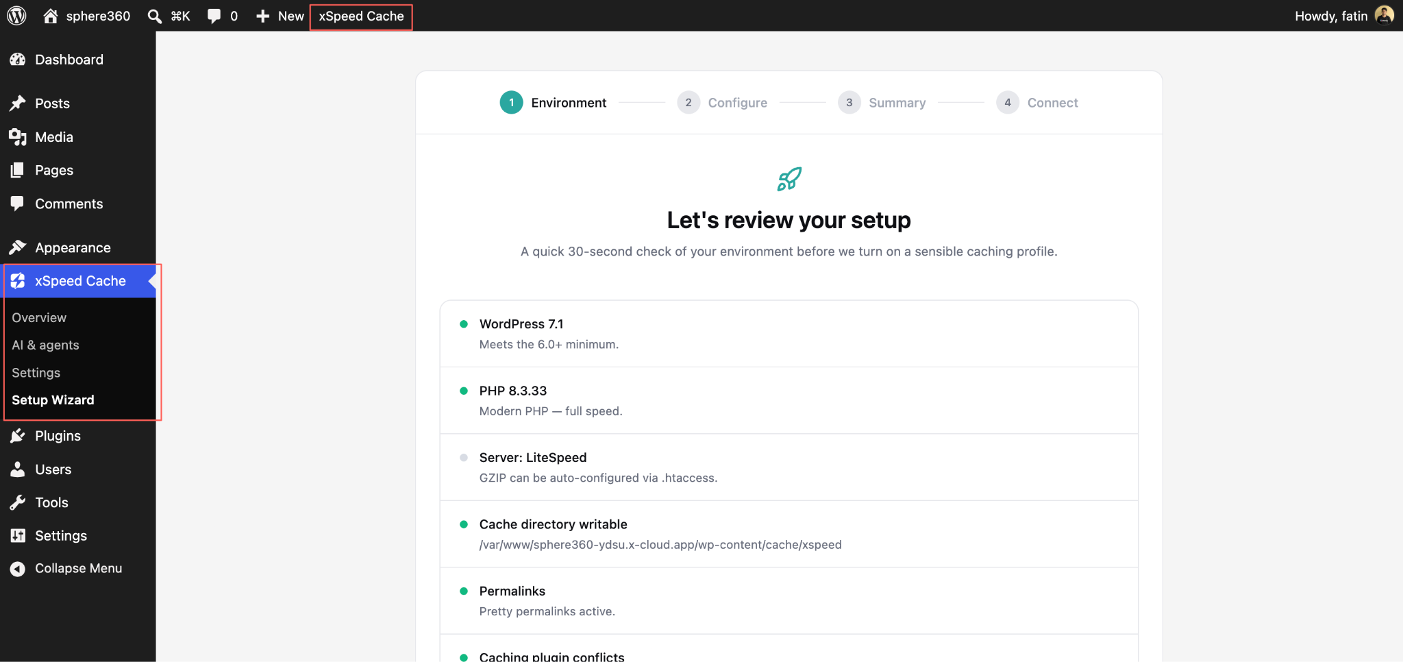 The xSpeed Cache plugin menu inside WordPress admin, with the Setup Wizard's environment review screen open.