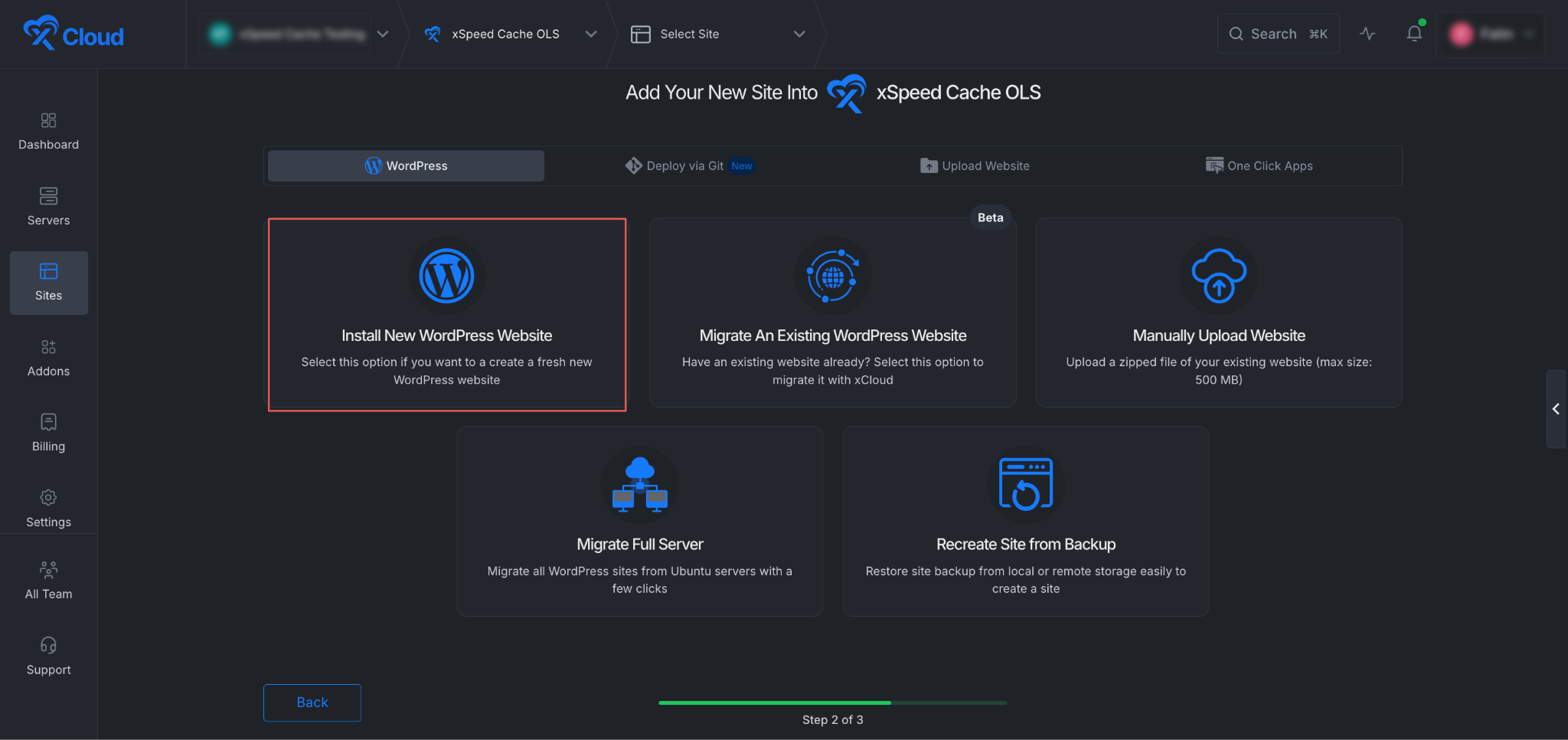 Choosing "Install New WordPress Website" from the site creation options.